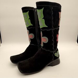 Women's Vtg Clarks Indigo Black Patchwork Flower Leather Square Toe Boots Sz 8